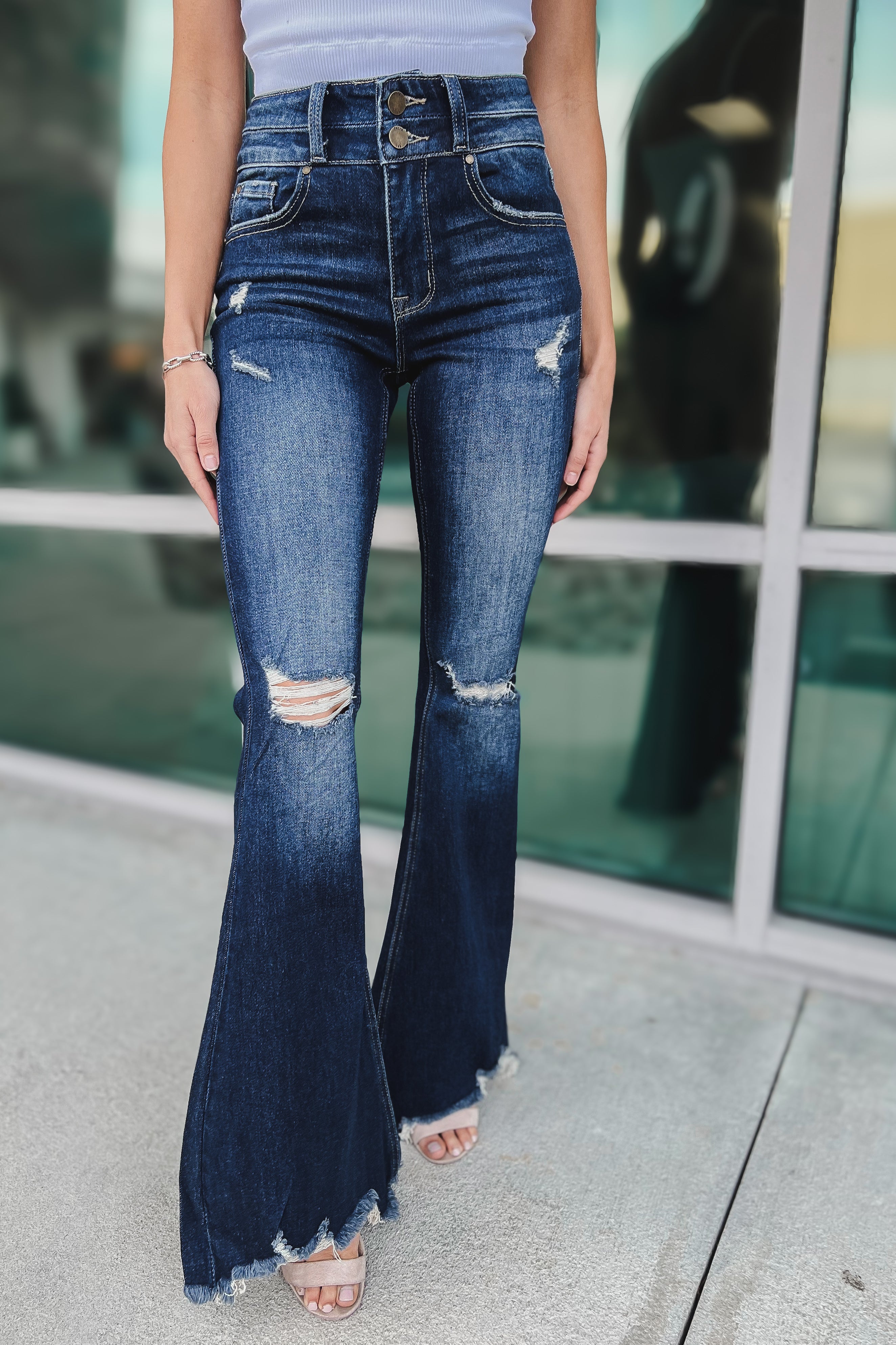 PETRA153 Kaitlyn High Rise Distressed Frayed Hem Super Flare Jeans – Simply  Me Boutique