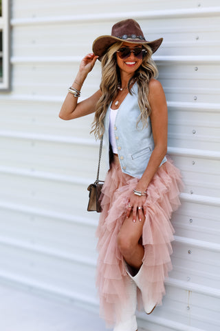 Peony Veil Blush Elastic Ruffled Maxi Skirt