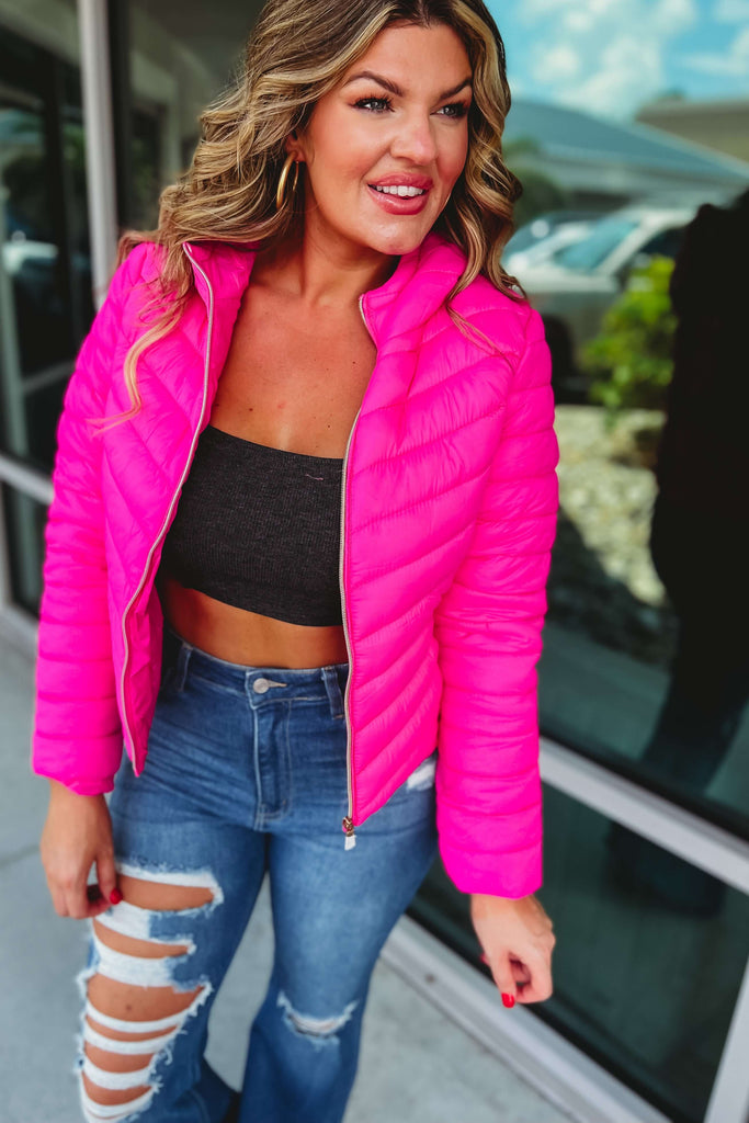 Breaking the Rules Hot Pink Skimmer Puffer Jacket