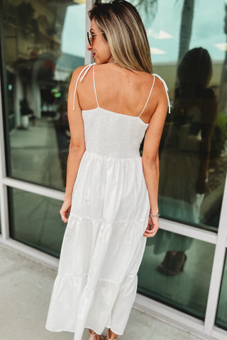 My Plus One Rose Tiered Off White Midi Dress
