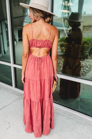 In My Heart Ginger Open Back Tied Ruffle Maxi Dress