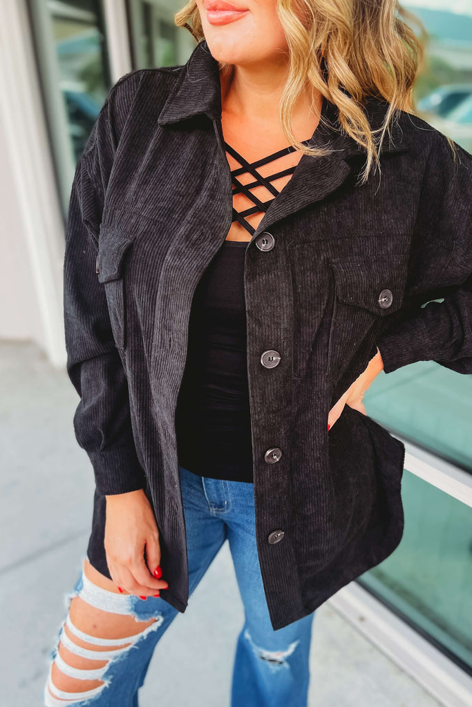 Just Another Day Oversized Black Corduroy Shacket