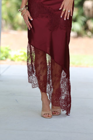 Whispered Secrets Cowl Neck Lace Asymmetrical Hem Dress (Wine)