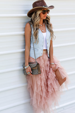 Peony Veil Blush Elastic Ruffled Maxi Skirt