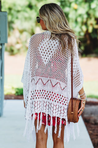 Everyday Wanderer Open Knit Crochet Fringe Cardigan (White)