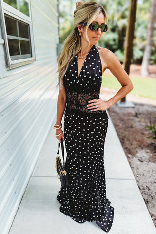 Hollywood Glam Polka Dot Halter Maxi Dress