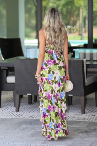 Violet Blooms Strapless Ruffled Slit Maxi Dress