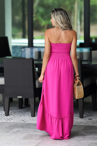 Cabana Club Strapless Smocked Maxi Dress (Hot Pink)