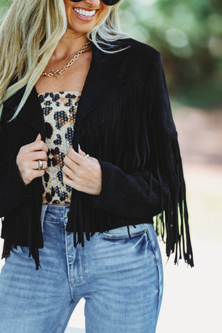 Western Rebel Black Fringe Suede Moto Jacket