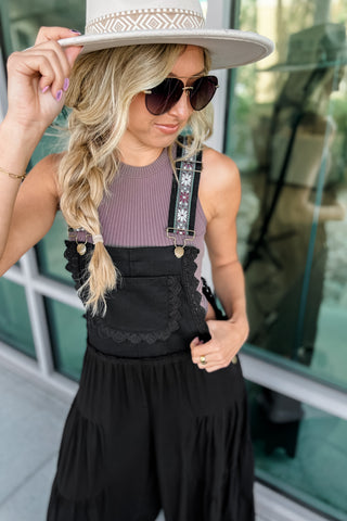 Free Spirit Lace Trim Wide Leg Overalls (Black)