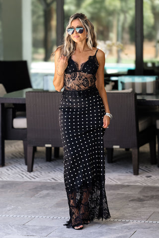 Paris Nights Lace Polka Dot Maxi Dress