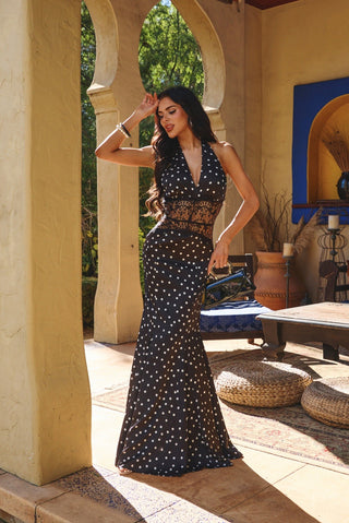 Hollywood Glam Polka Dot Halter Maxi Dress