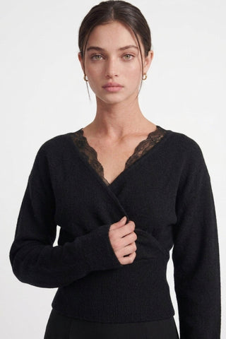 Autumn Grace Lace Trim Faux Wrap Sweater Top (Black) - Simply Me Boutique