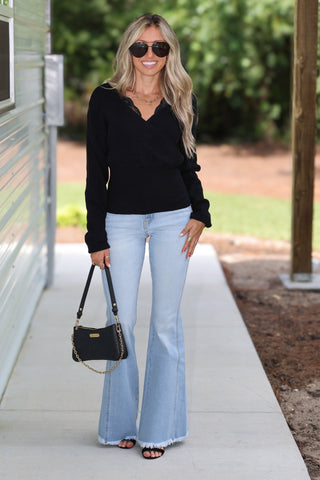 Autumn Grace Lace Trim Faux Wrap Sweater Top (Black) - Simply Me Boutique
