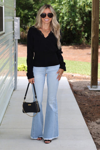 Autumn Grace Lace Trim Faux Wrap Sweater Top (Black) - Simply Me Boutique