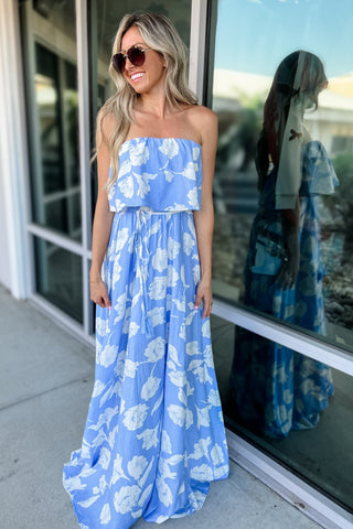 Azure Bloom Strapless Maxi Dress - Simply Me Boutique