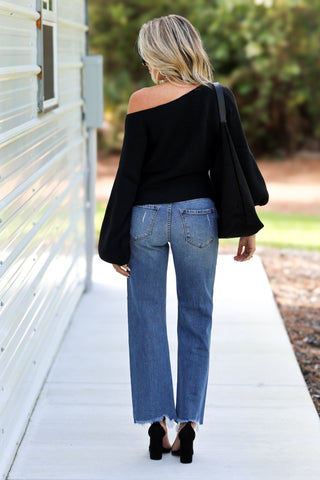 Black Cozy Ease Boat Neck Balloon Sleeve Sweater - Simply Me Boutique