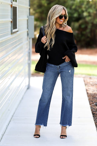 Black Cozy Ease Boat Neck Balloon Sleeve Sweater - Simply Me Boutique
