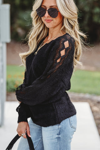 Black Cozy Nights Crochet Lace Sleeve Sweater - Simply Me Boutique