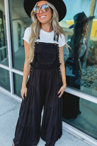 BLACK Free Spirit Lace Trim Wide Leg Overalls - Simply Me Boutique