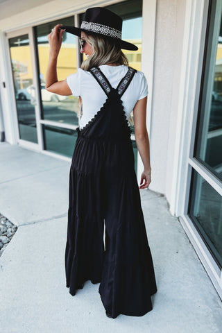 BLACK Free Spirit Lace Trim Wide Leg Overalls - Simply Me Boutique