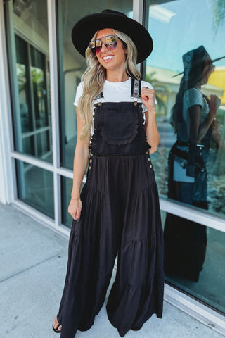 BLACK Free Spirit Lace Trim Wide Leg Overalls - Simply Me Boutique