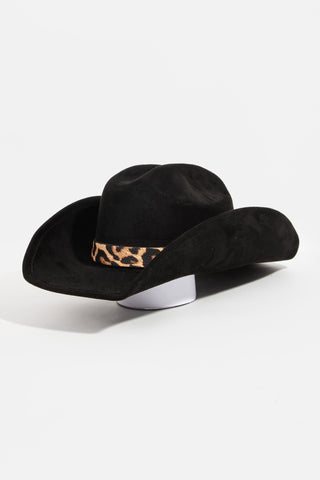 Black Leopard Print Band Faux Suede Cowboy Fedora Hat - Simply Me Boutique