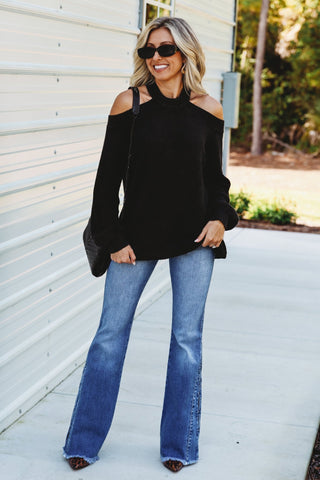 Black Mineral Wash Just Another Day Cold Shoulder Sweater - Simply Me Boutique