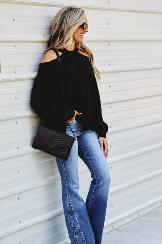 Black Mineral Wash Just Another Day Cold Shoulder Sweater - Simply Me Boutique