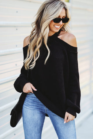 Black Mineral Wash Just Another Day Cold Shoulder Sweater - Simply Me Boutique