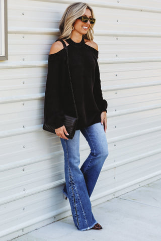 Black Mineral Wash Just Another Day Cold Shoulder Sweater - Simply Me Boutique