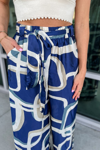 Blue Abstract Silky Wide Leg Pants - Simply Me Boutique