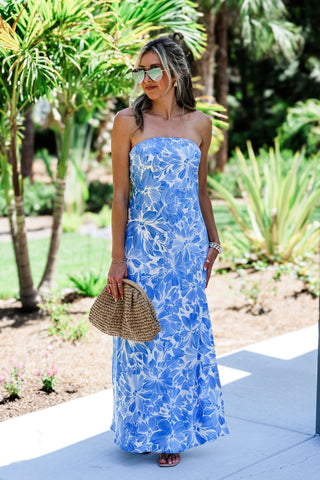 Blue Burst Floral Strapless Maxi Dress - Simply Me Boutique