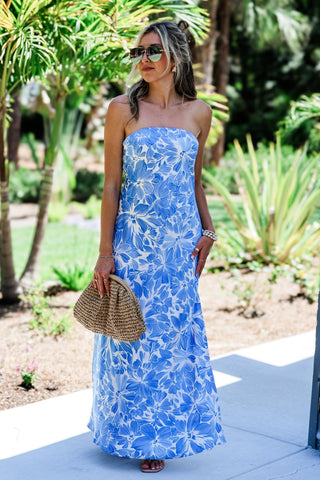 Blue Burst Floral Strapless Maxi Dress - Simply Me Boutique