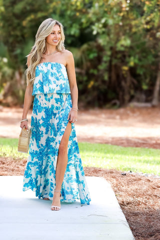 Blue Sweet Blossom Strapless Maxi Dress - Simply Me Boutique