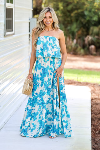 Blue Sweet Blossom Strapless Maxi Dress - Simply Me Boutique
