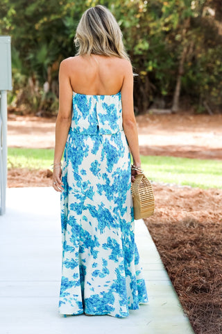 Blue Sweet Blossom Strapless Maxi Dress - Simply Me Boutique