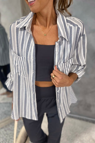 Boardwalk Bliss Striped Button Down Blue Top - Simply Me Boutique