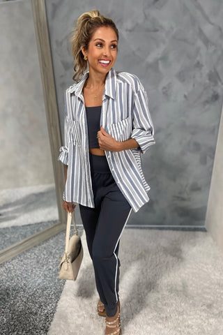 Boardwalk Bliss Striped Button Down Blue Top - Simply Me Boutique