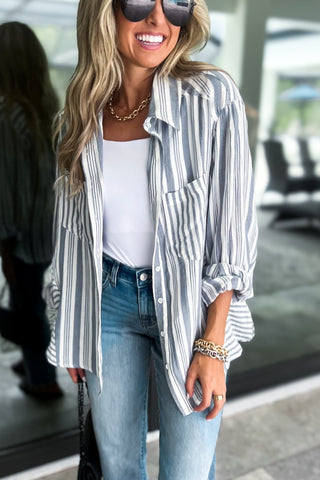 Boardwalk Bliss Striped Button Down Blue Top - Simply Me Boutique