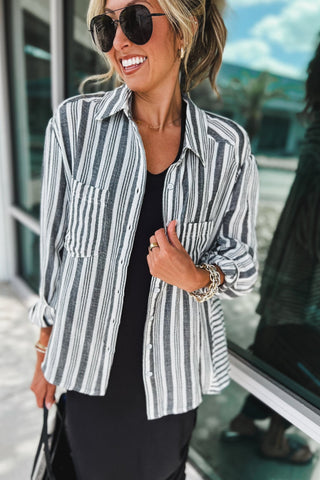 Boardwalk Bliss Striped Button Down Charcoal Top - Simply Me Boutique
