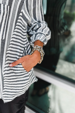 Boardwalk Bliss Striped Button Down Charcoal Top - Simply Me Boutique