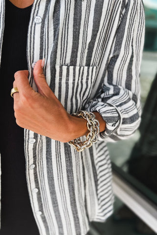Boardwalk Bliss Striped Button Down Charcoal Top - Simply Me Boutique