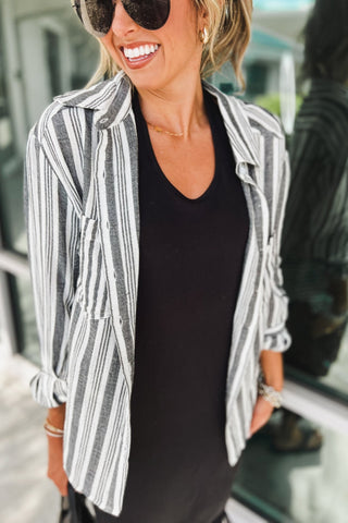 Boardwalk Bliss Striped Button Down Charcoal Top - Simply Me Boutique