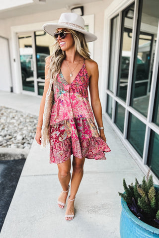 Boho Bloom Coral Patchwork Dress - Simply Me Boutique