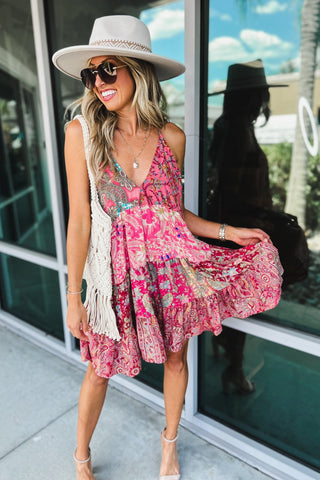 Boho Bloom Coral Patchwork Dress - Simply Me Boutique