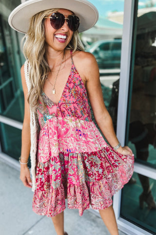 Boho Bloom Coral Patchwork Dress - Simply Me Boutique