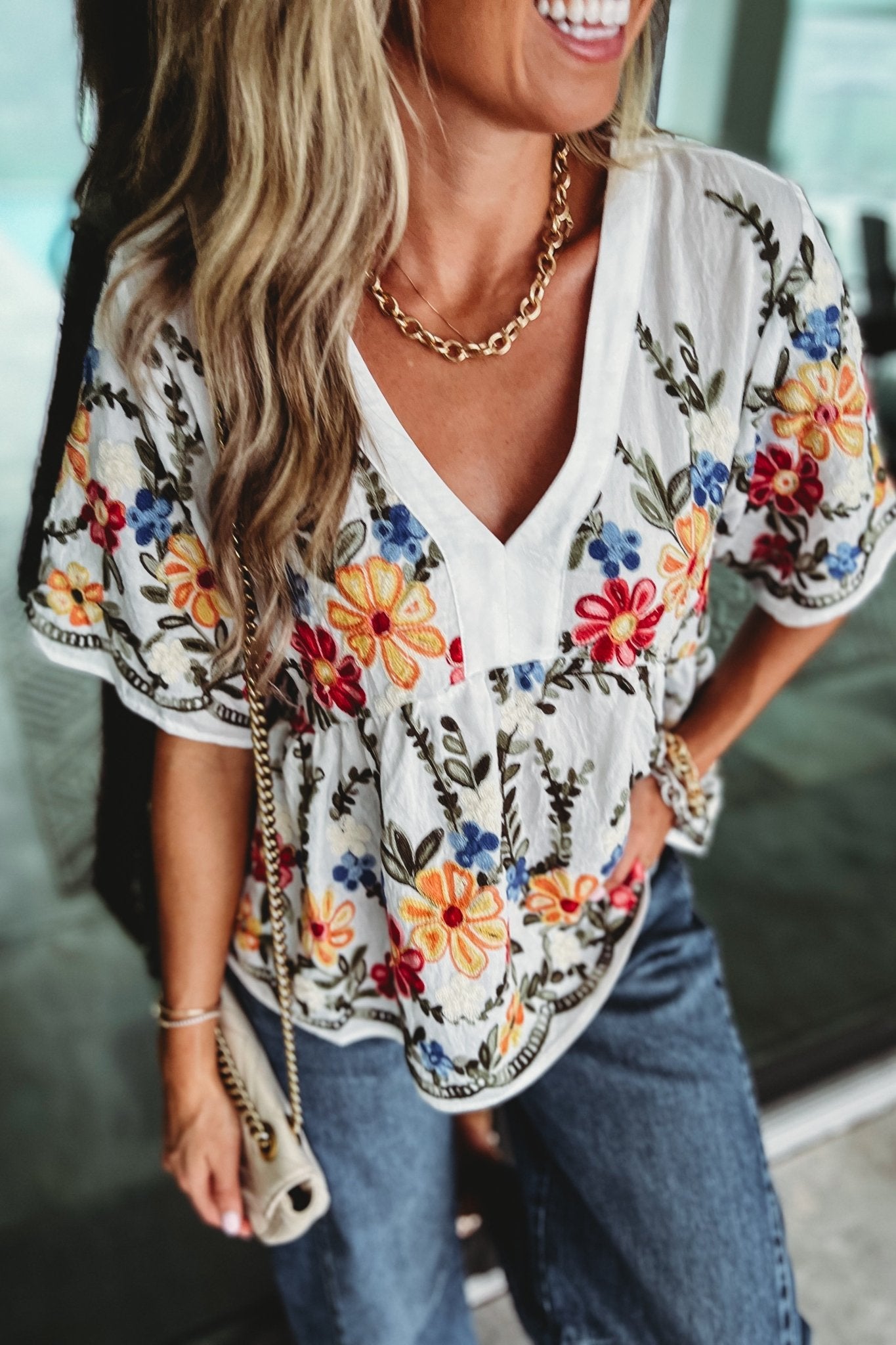 Boho Floral Embroidered Baby Doll Top Womens Outfit Simply Me