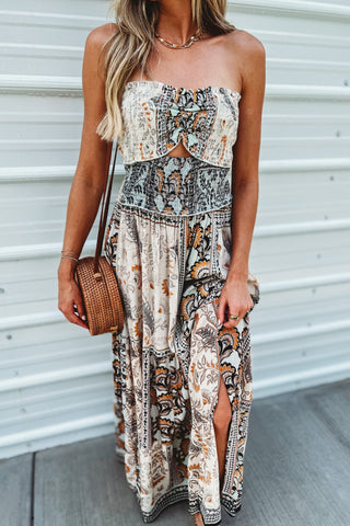 Boho Mosaic Smocked Strapless Cutout Maxi Dress Boho Mosaic Smocked Strapless Cutout Maxi Dress