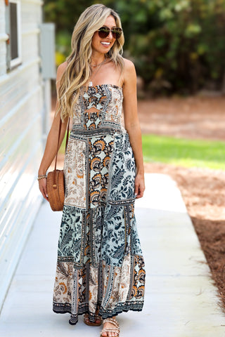 Boho Mosaic Smocked Strapless Cutout Maxi Dress Simply Me Boutique L 10/12